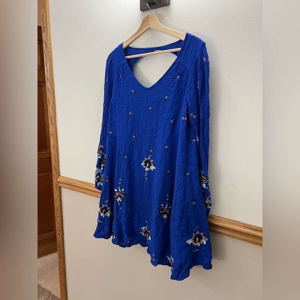 Free People Cobalt Blue Long Sleeve Floral Shift Dress - Picture 4 of 12